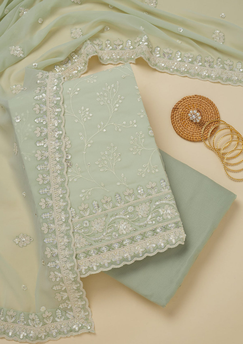 Pista Green Sequins Georgette Unstitched Salwar Suit
