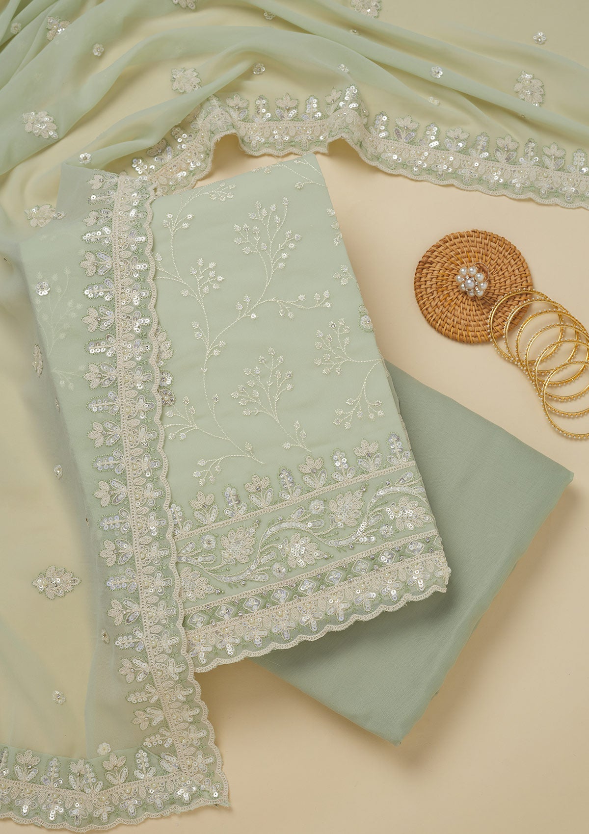 Pista Green Sequins Georgette Unstitched Salwar Suit