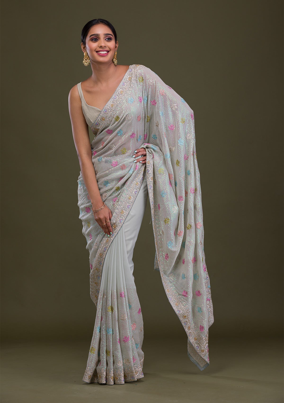 Pista Green Sequins Georgette Saree