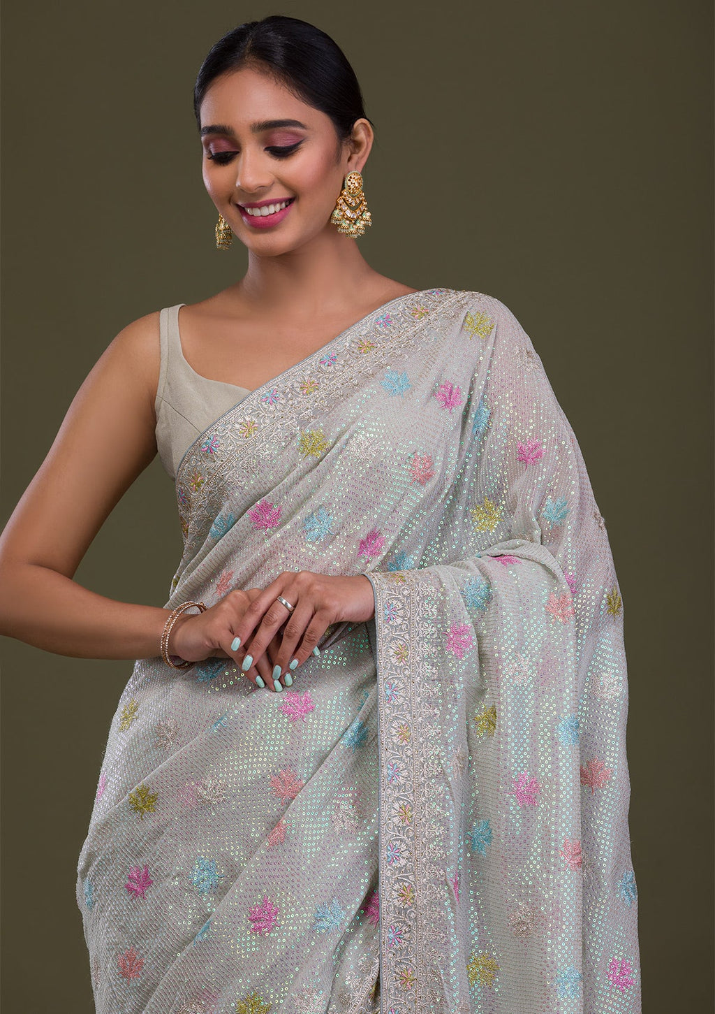 Pista Green Sequins Georgette Saree