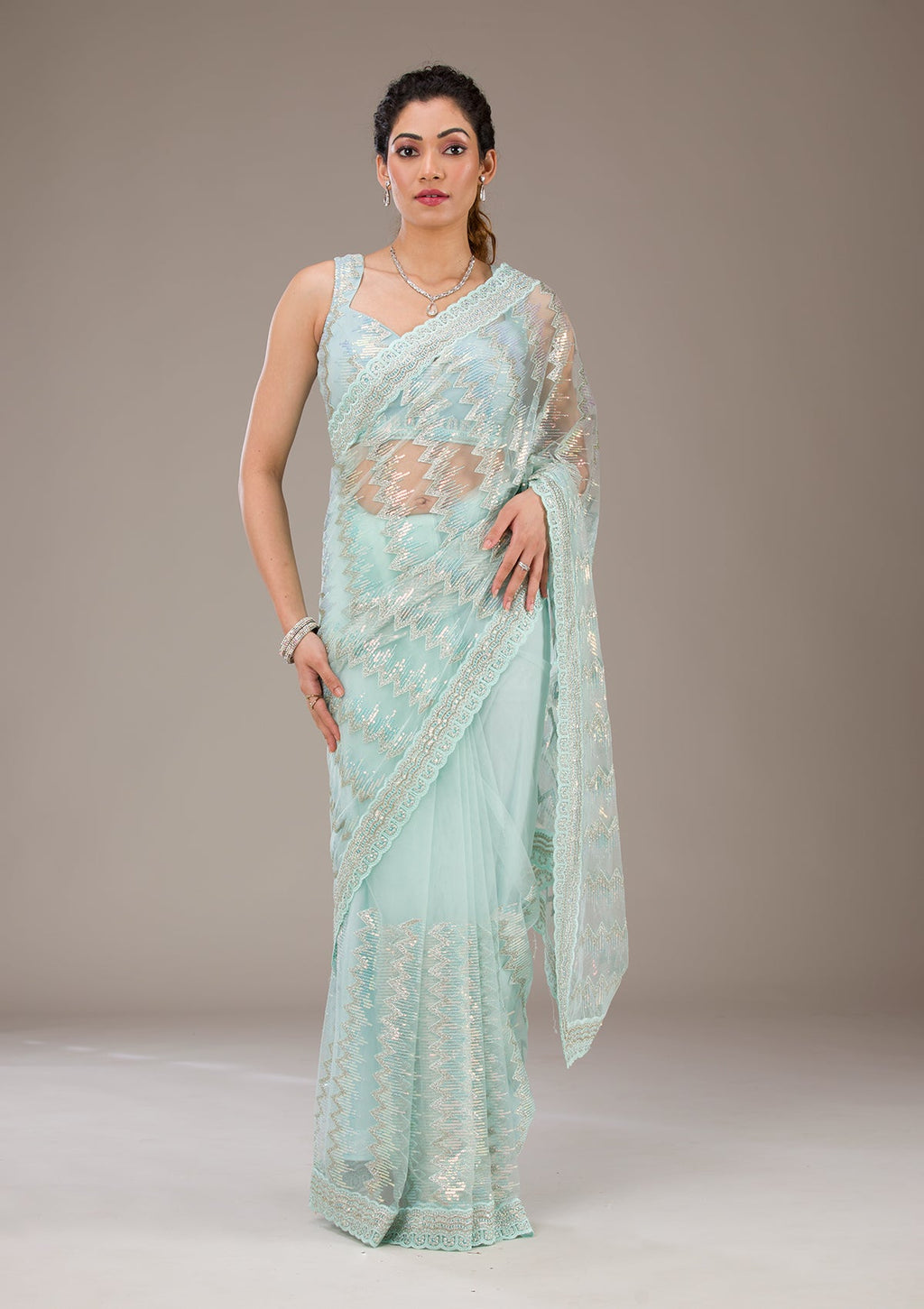 Pista Green Sequins Organza Saree