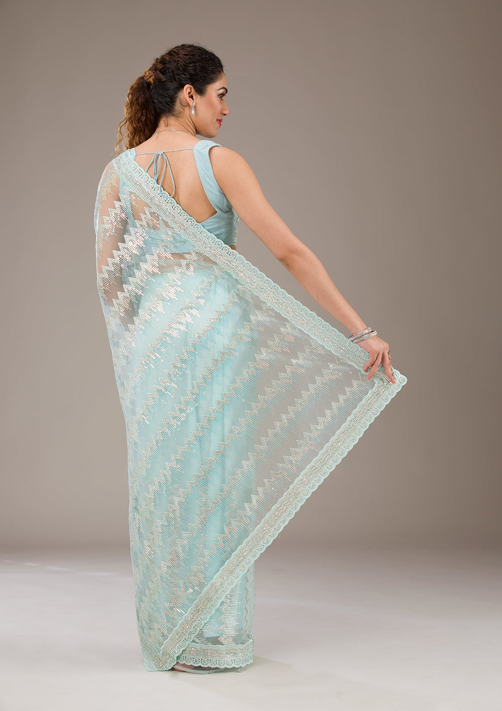 Pista Green Sequins Organza Saree