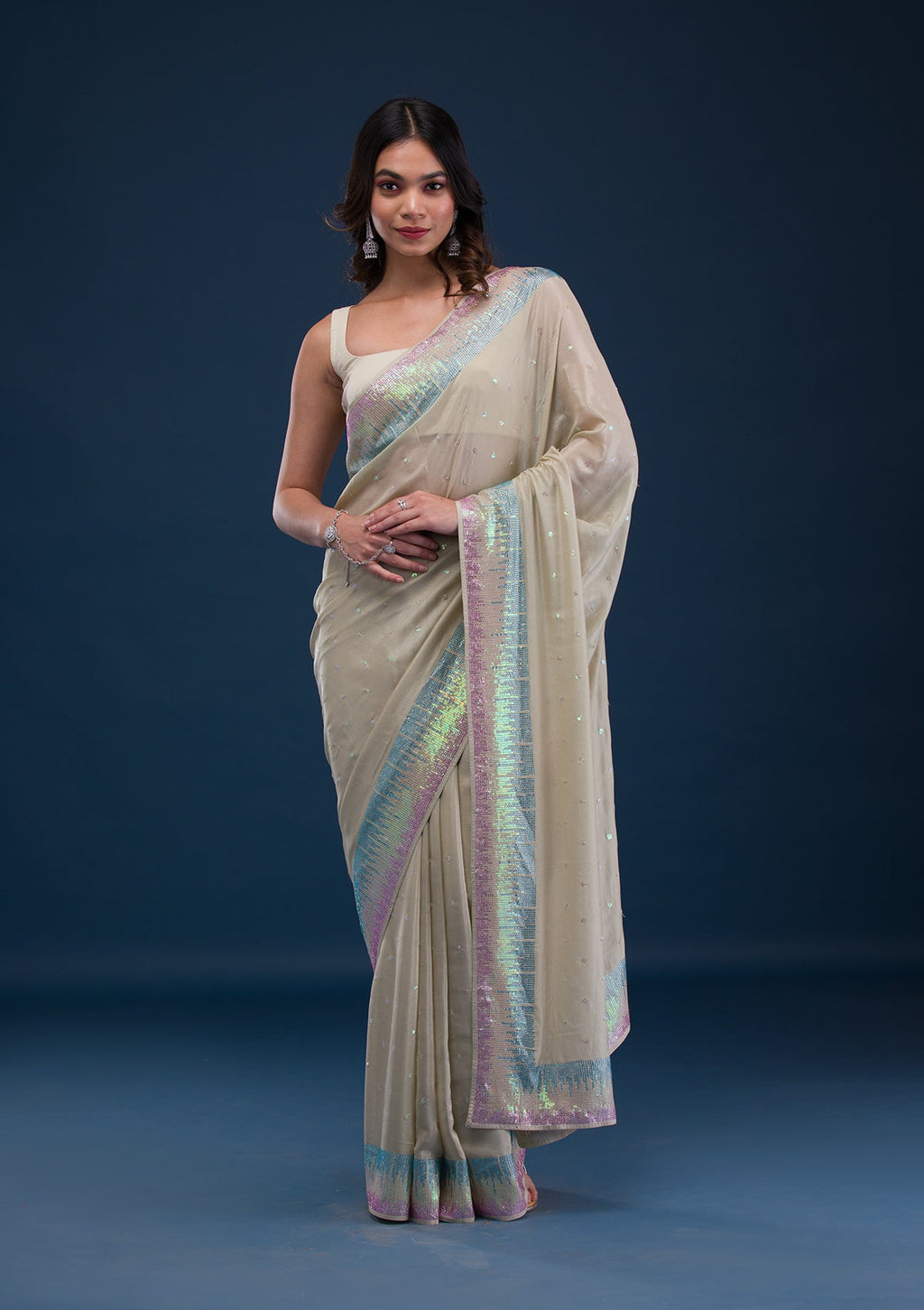Pista Green Sequins Satin Saree
