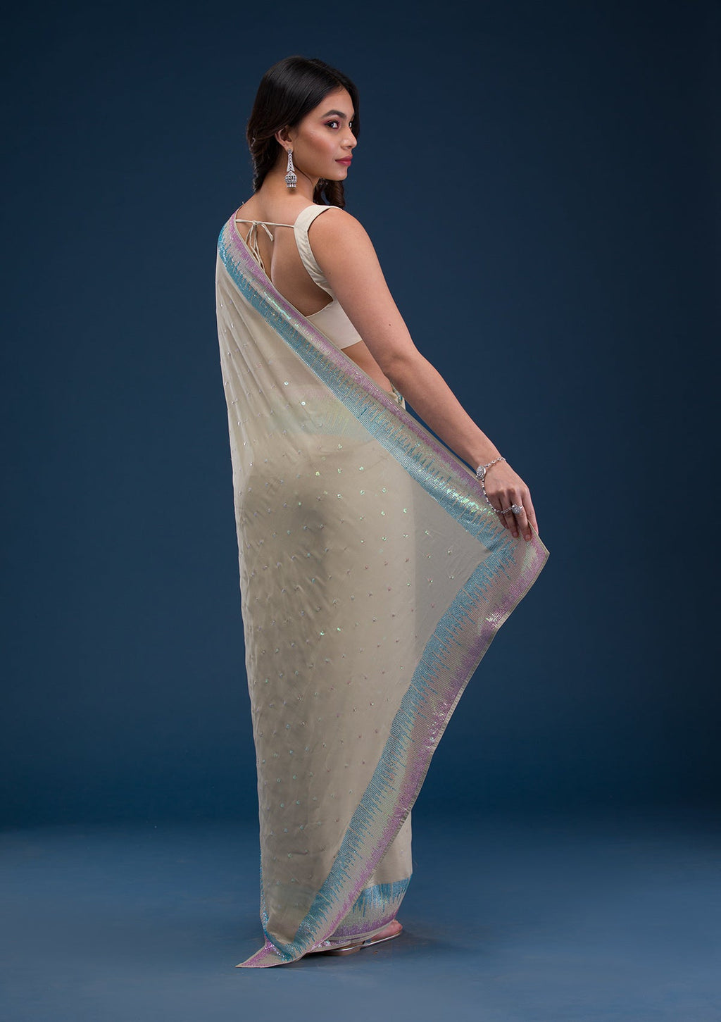 Pista Green Sequins Satin Saree