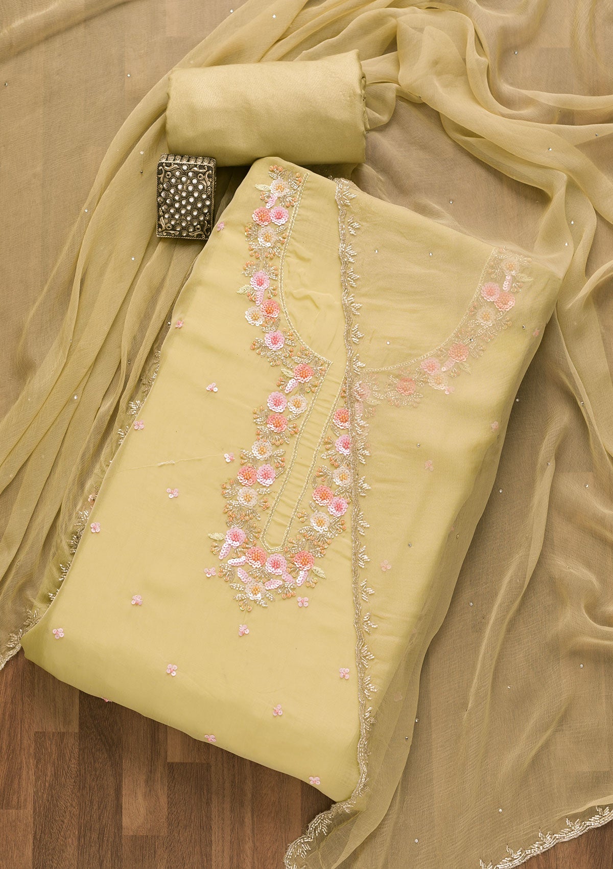 Pista Green Sequins Organza Unstitched Salwar Suit