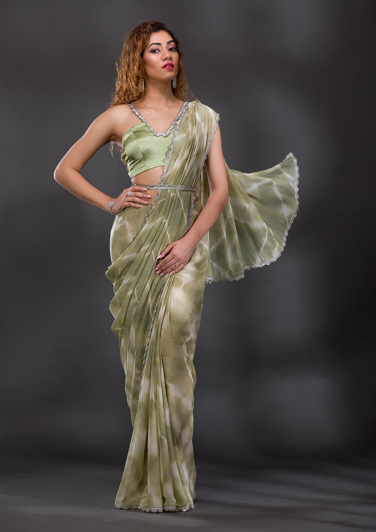 Pista Green Stonework Shimmer Georgette Saree