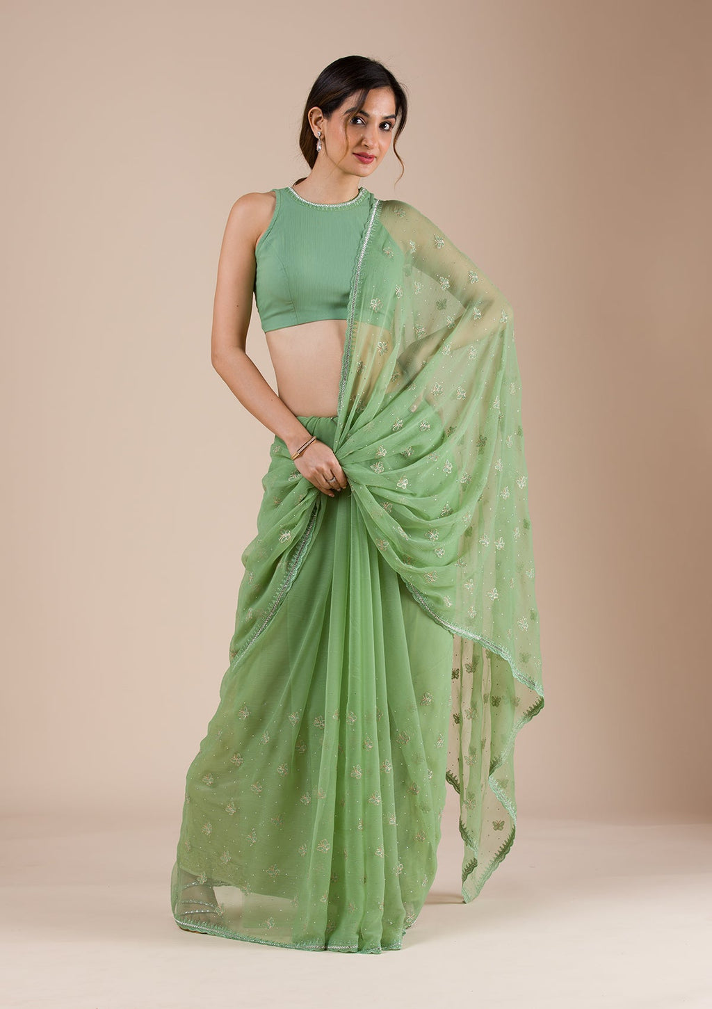 Pista Green Silver Stonework Georgette Saree