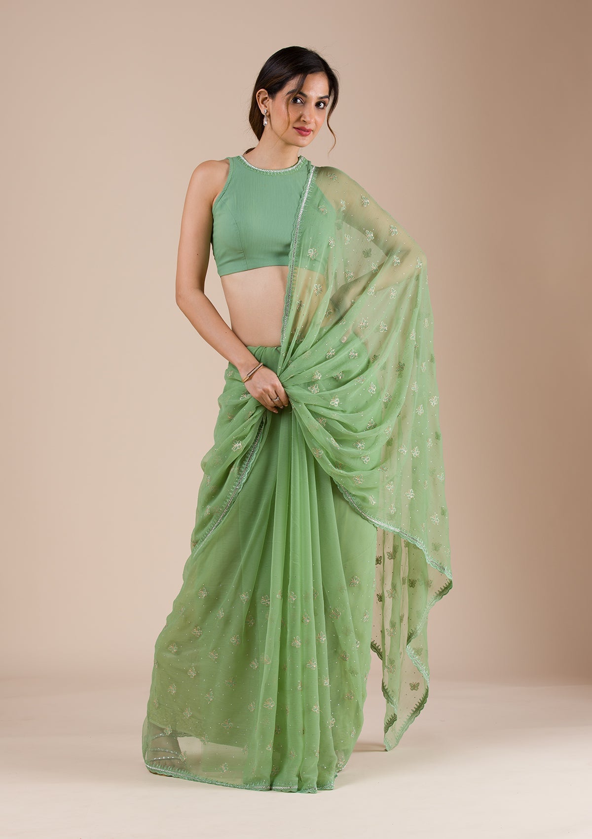 Pista Green Silver Stonework Georgette Saree