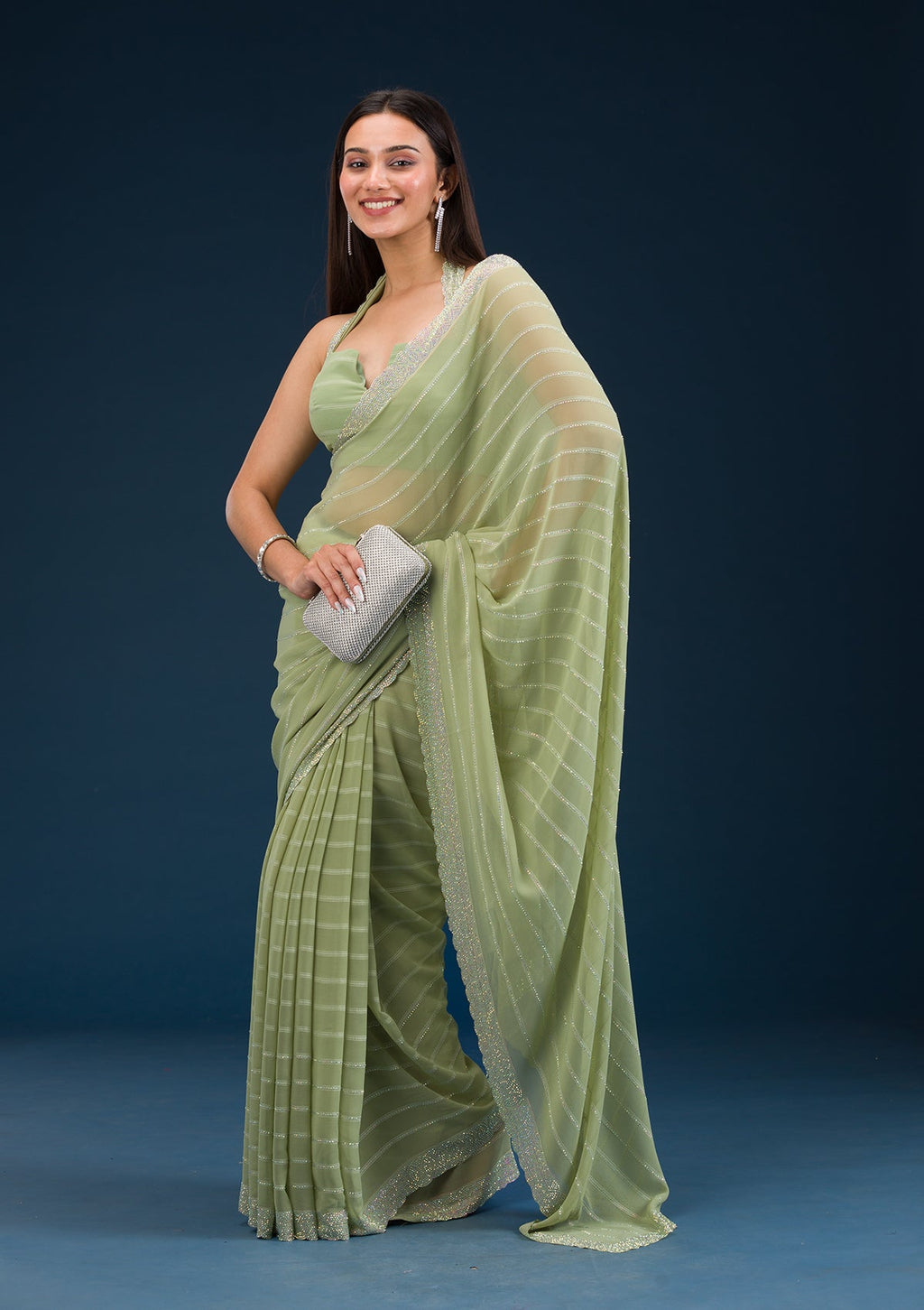 Pista Green Stonework Georgette Saree