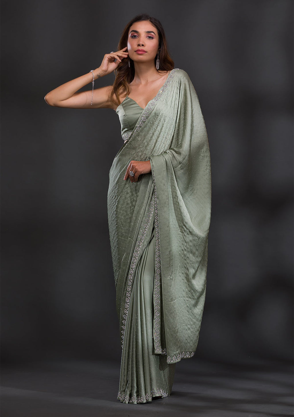 Pista Green Stonework Satin Saree