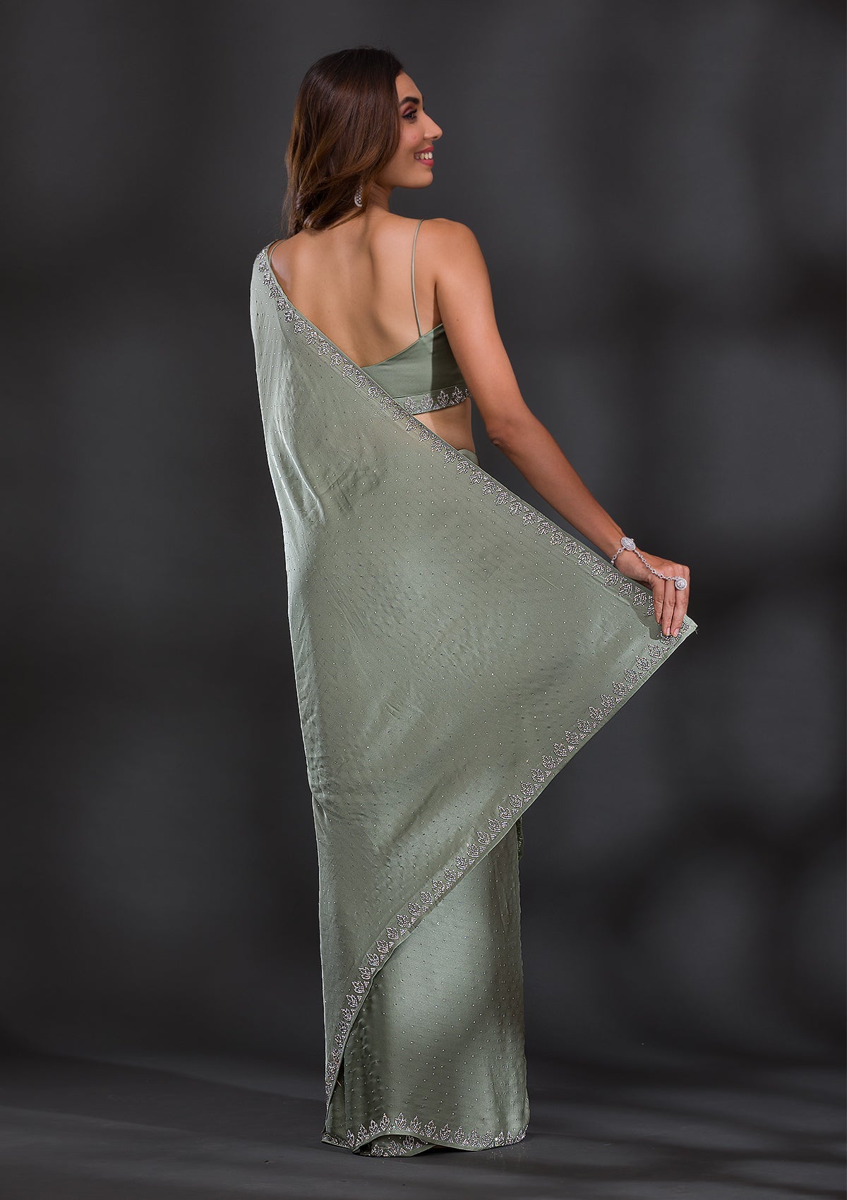 Pista Green Stonework Satin Saree