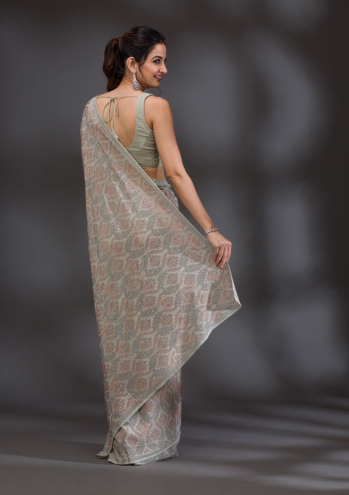 Pista Green Stonework (Gold) Georgette Saree