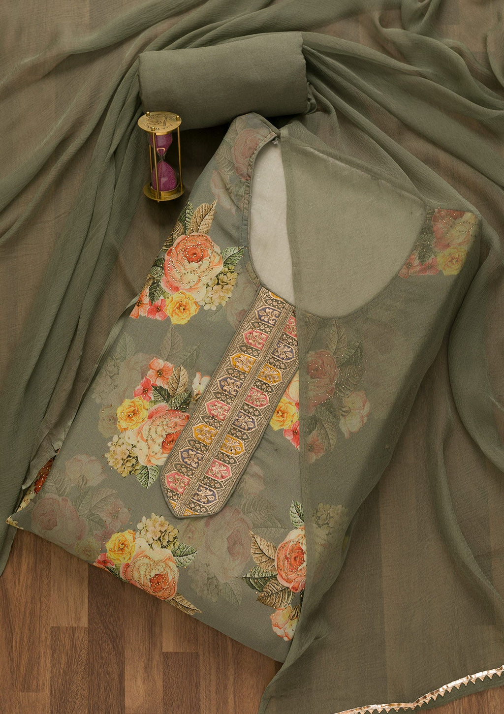 Pista Green Swarovski Semi Crepe Unstitched Salwar Suit