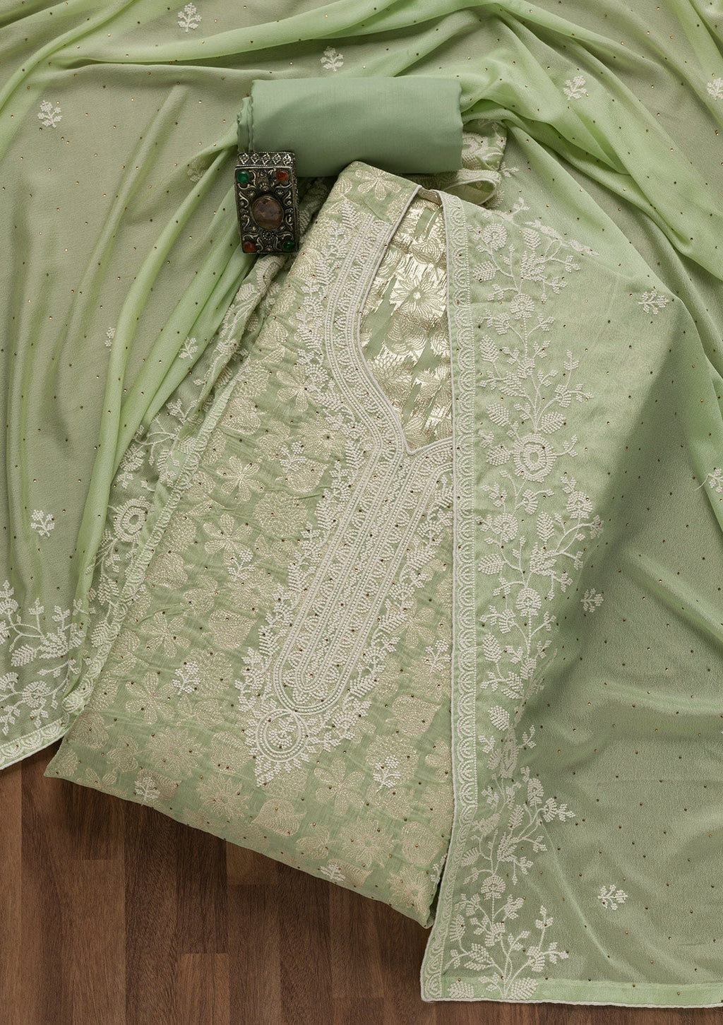 Pista Green Threadwork Banarasi Unstitched Salwar Suit