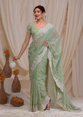 Pista Green Threadwork Chiffon Saree