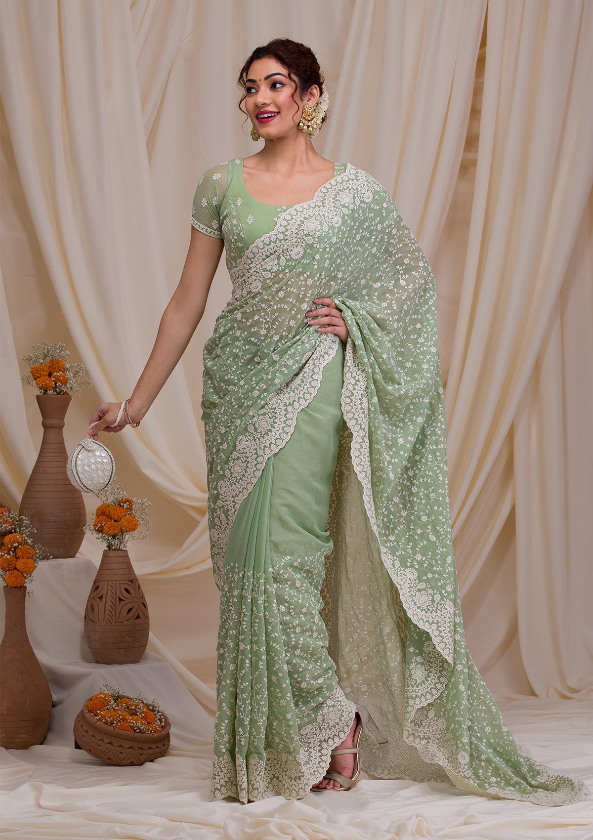 Pista Green Threadwork Chiffon Saree