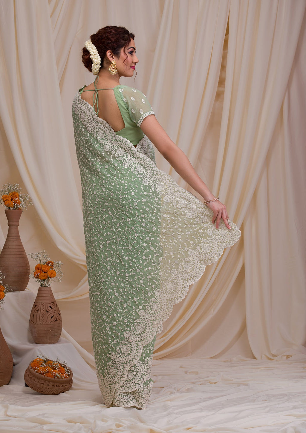 Pista Green Threadwork Chiffon Saree