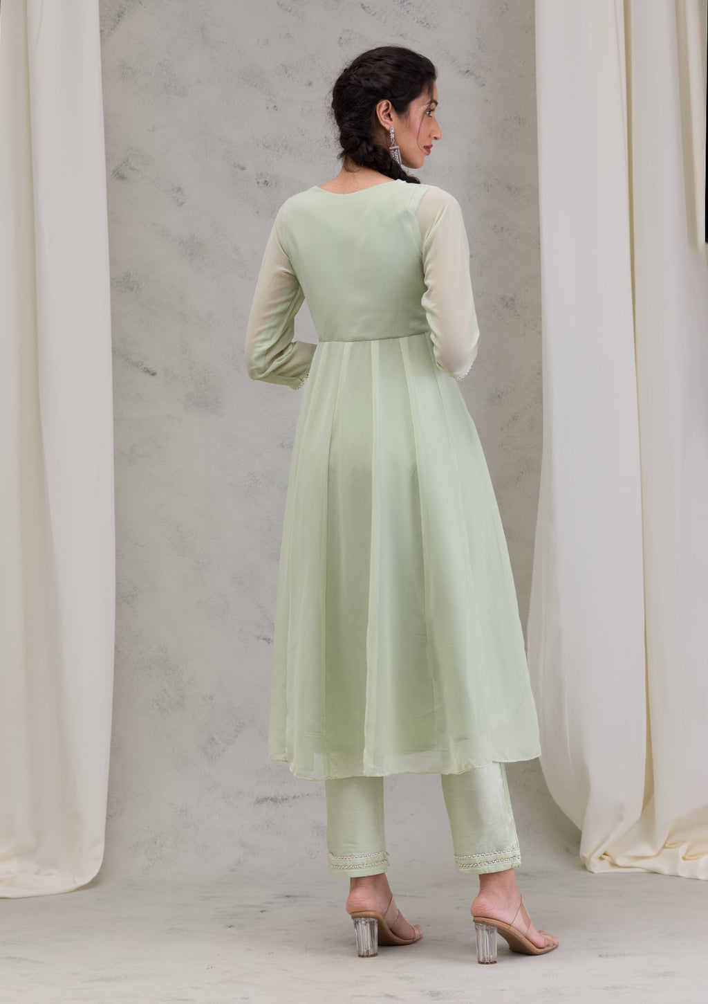 Pista Green Threadwork Georgette Readymade Anarkali Suit