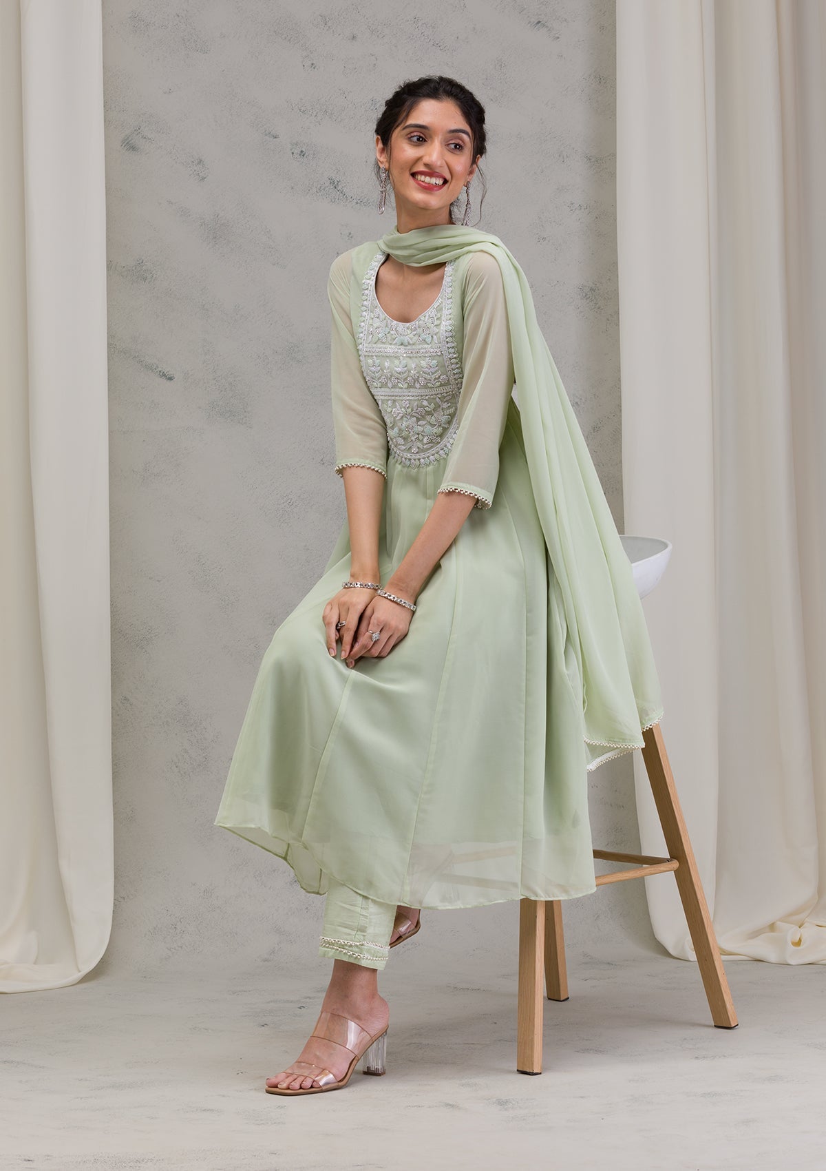 Pista Green Threadwork Georgette Readymade Anarkali Suit