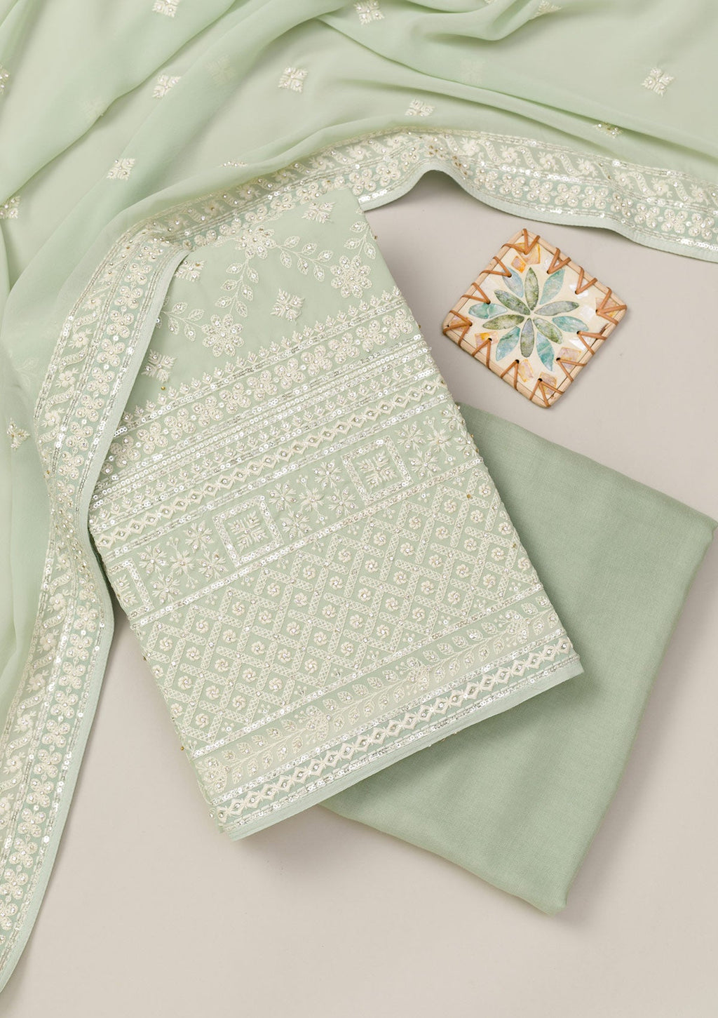 Pista Green Threadwork Georgette Unstitched Salwar Suit