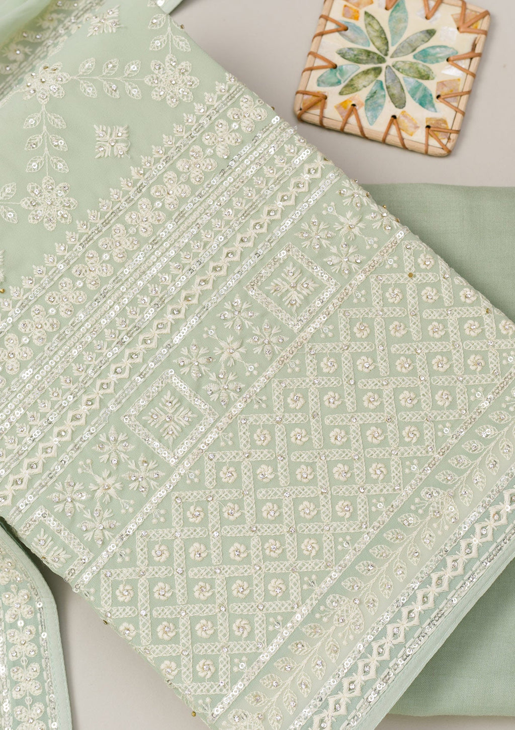 Pista Green Threadwork Georgette Unstitched Salwar Suit