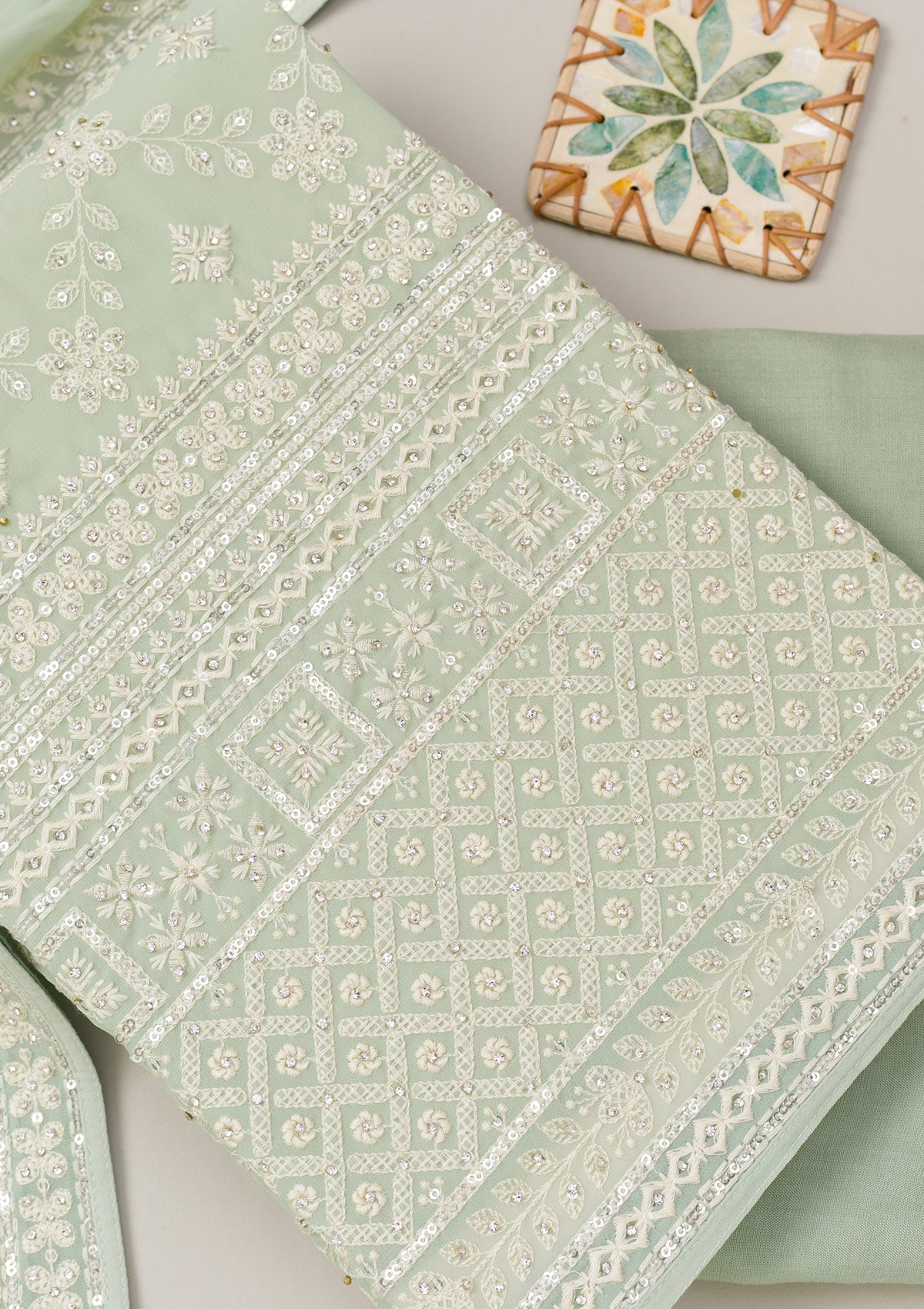 Pista Green Threadwork Georgette Unstitched Salwar Suit