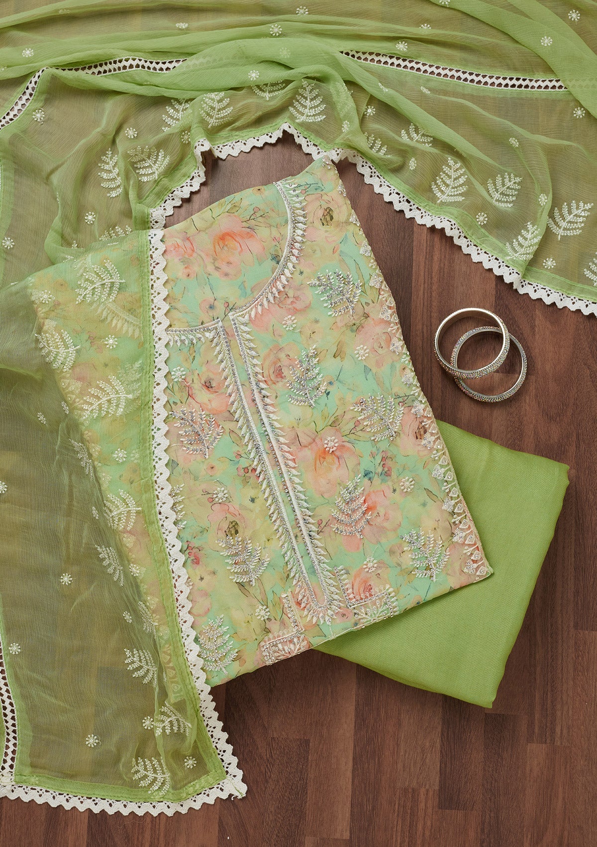 Pista Green Threadwork Georgette Unstitched Salwar Suit