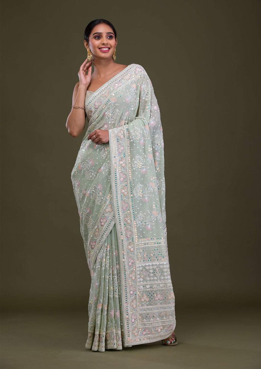 Pista Green Threadwork Georgette Saree