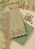 Pista Green Threadwork Organza Unstitched Salwar Suit