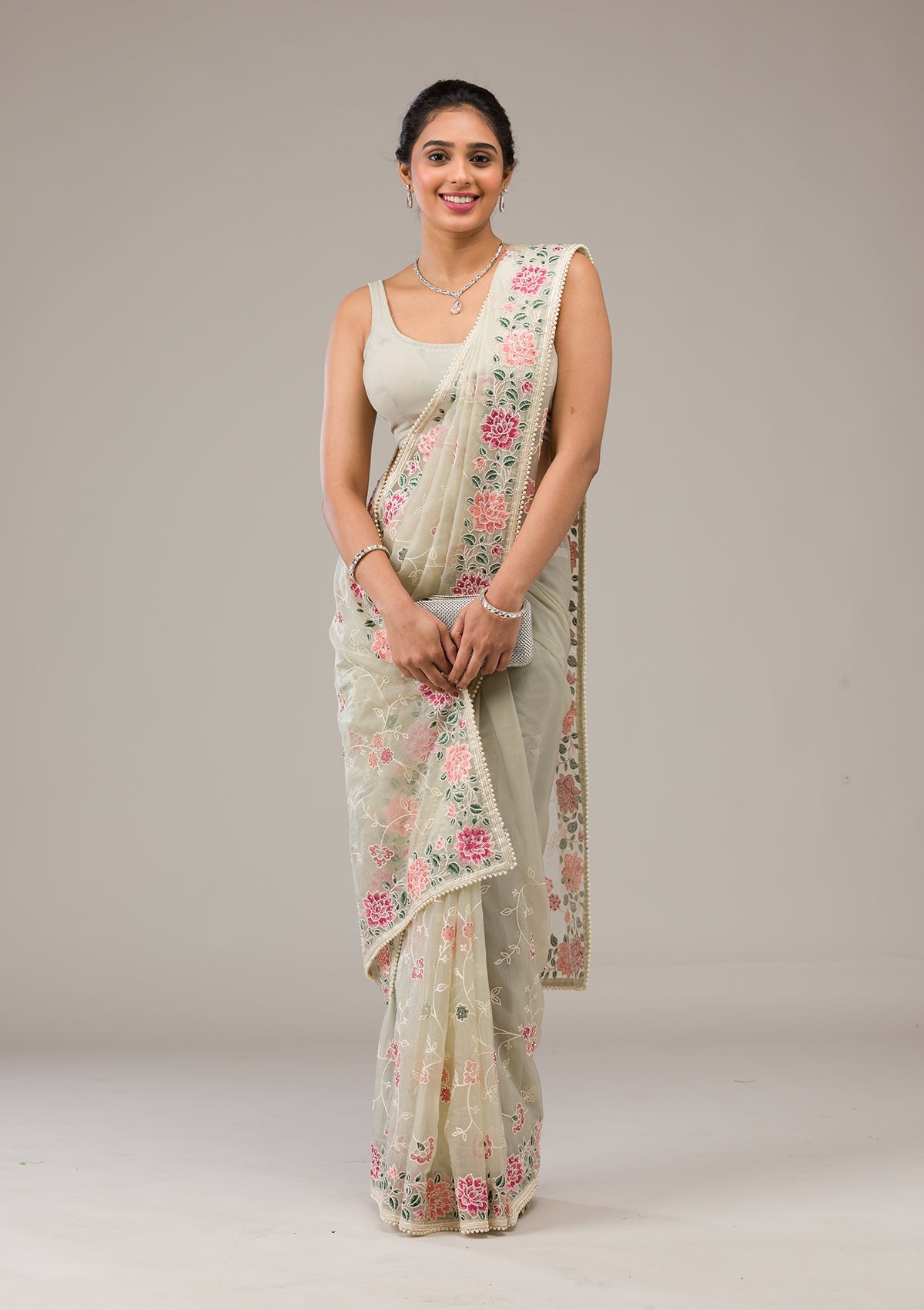 Pista Green Threadwork Tissue Saree