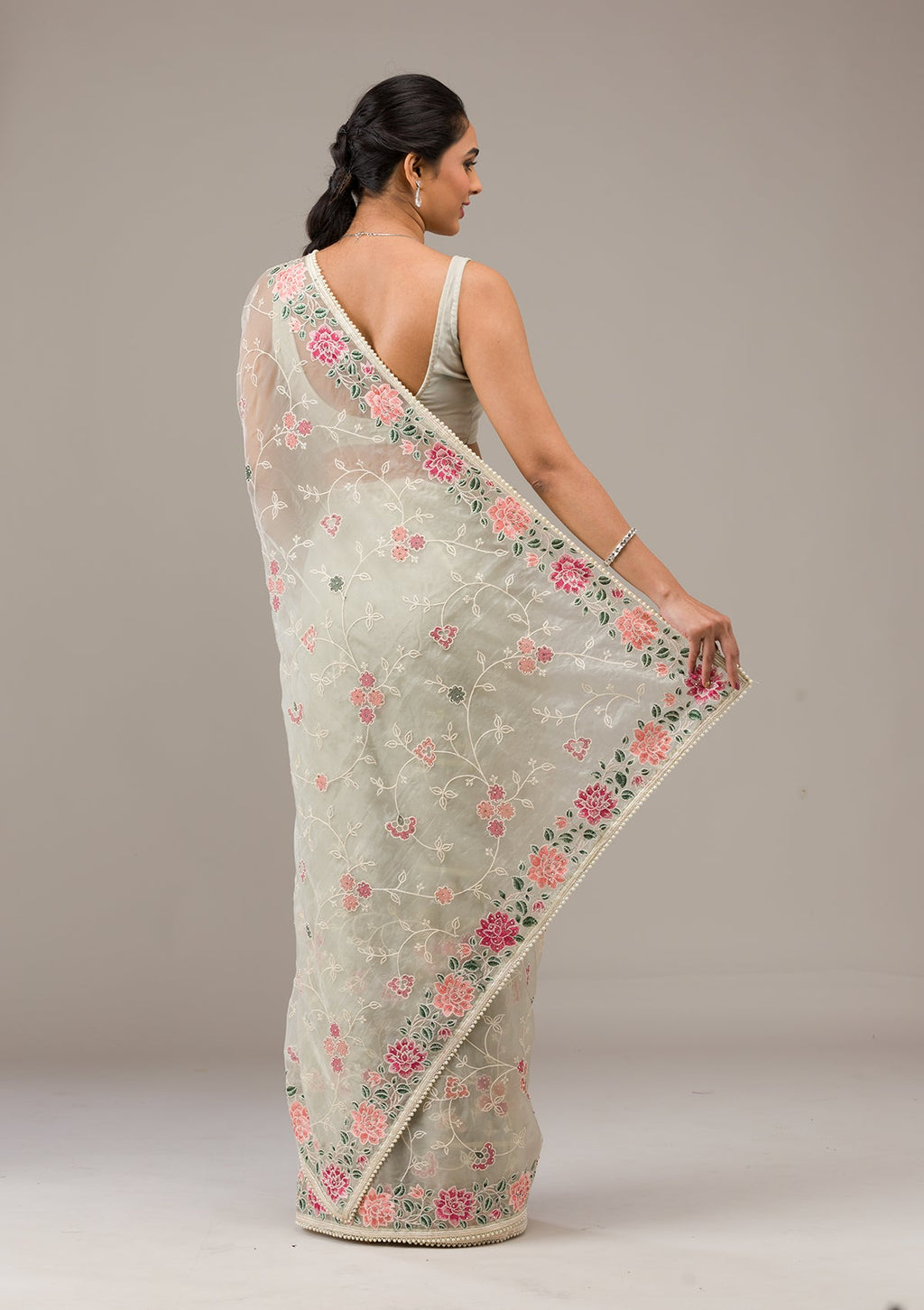 Pista Green Threadwork Tissue Saree