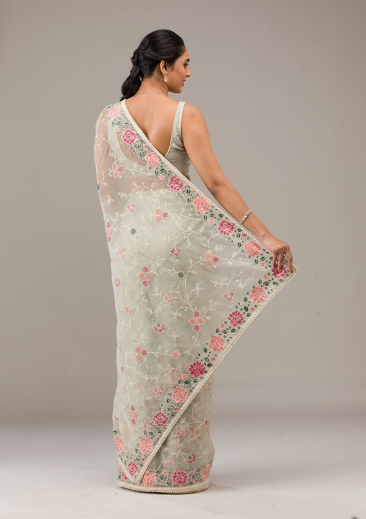 Pista Green Threadwork Tissue Saree