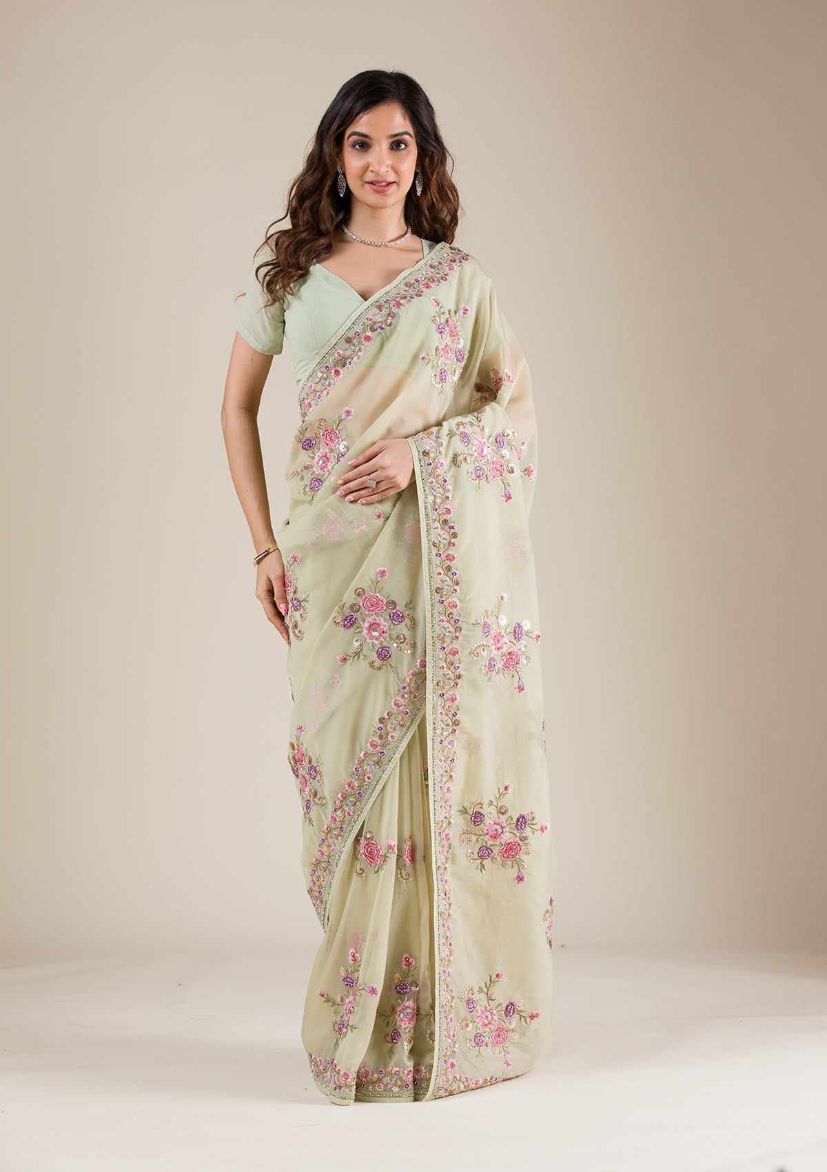 Pista Green Threadwork Tissue Saree