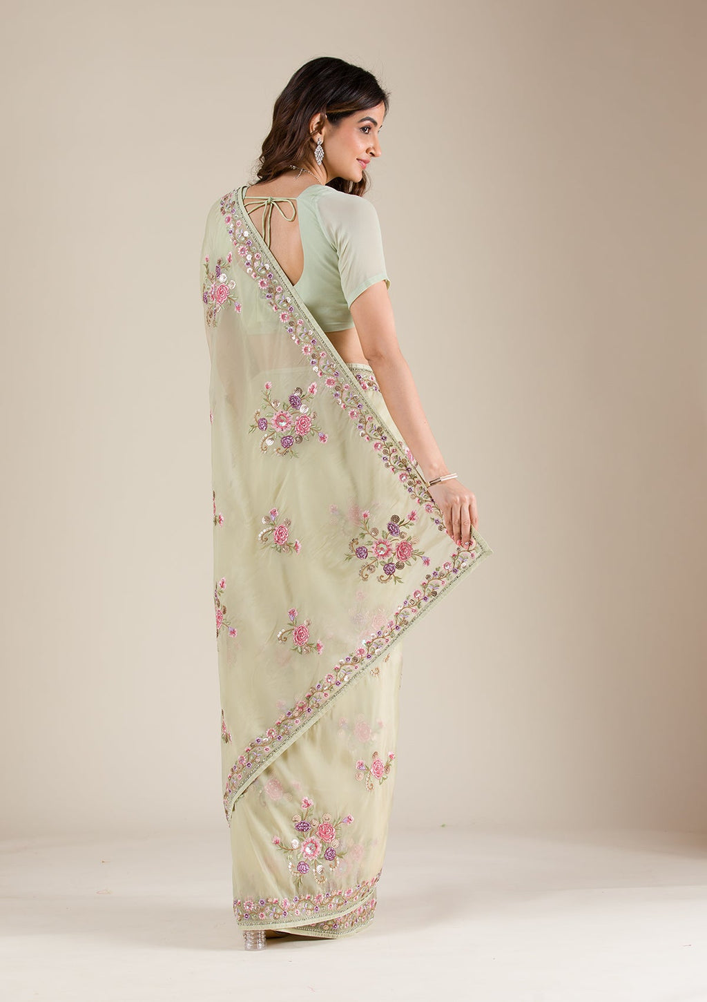 Pista Green Threadwork Tissue Saree