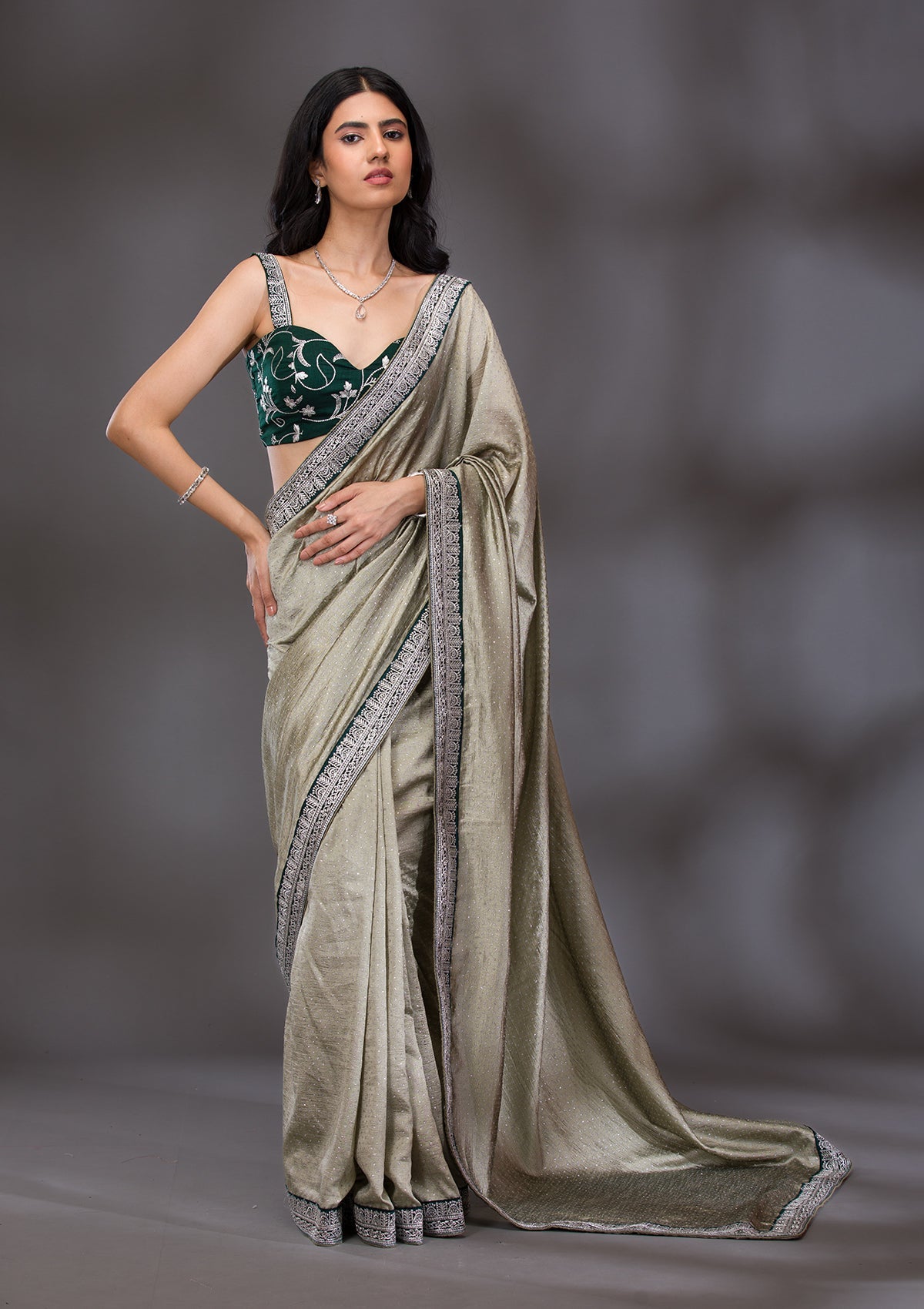 Pista Green Threadwork Raw Silk Saree