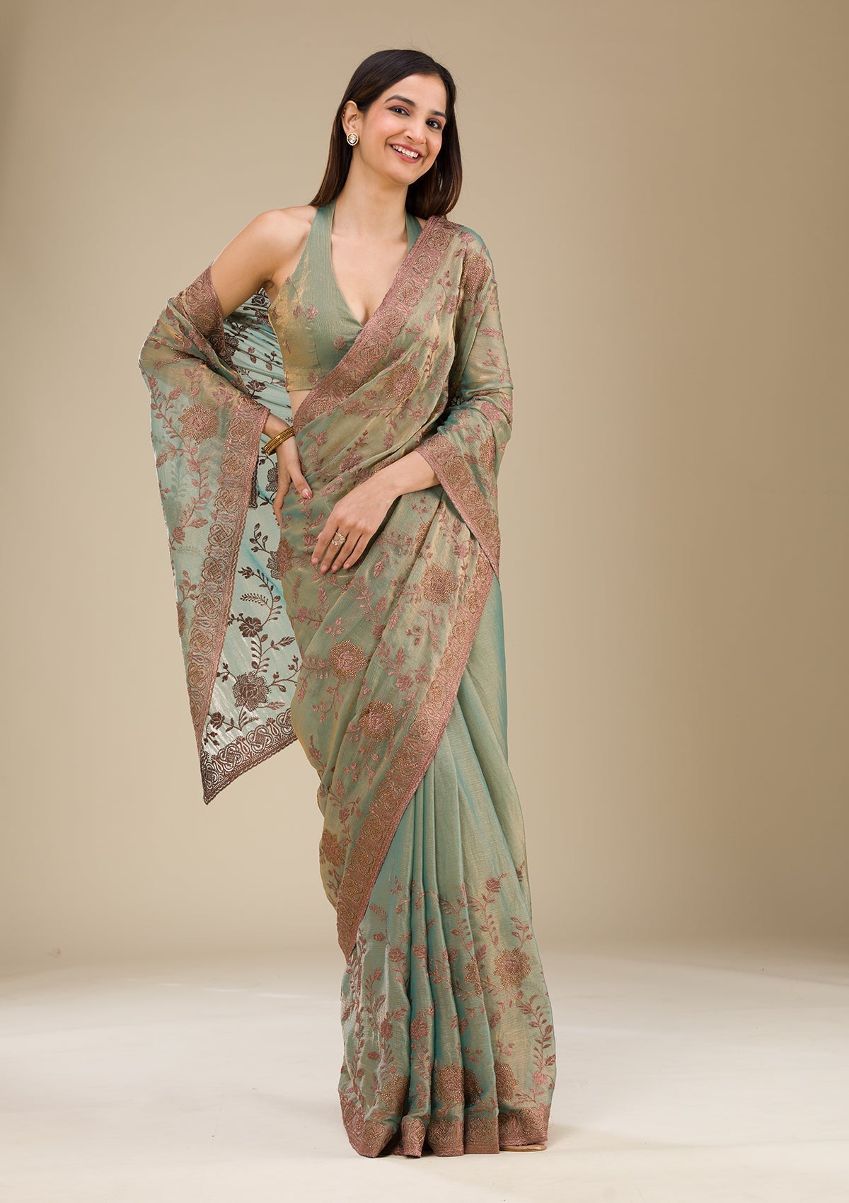 Pista Green Threadwork Tissue Saree