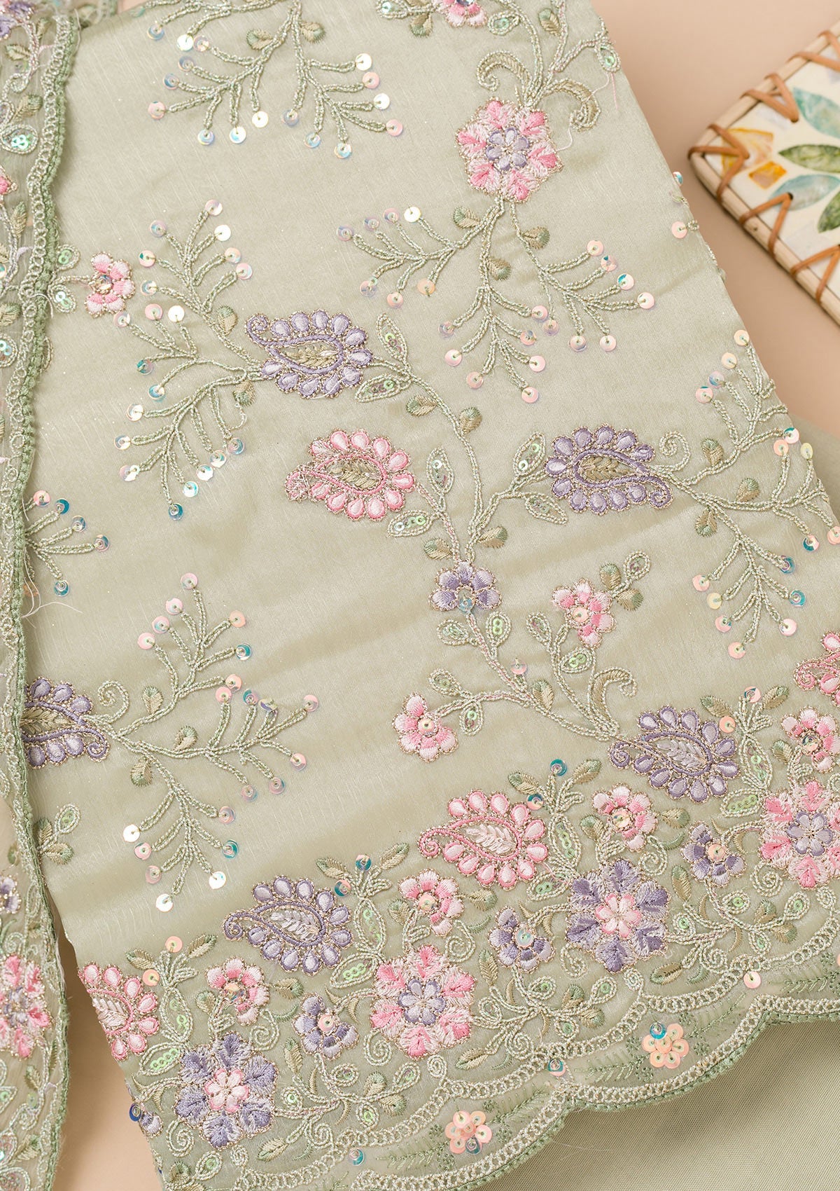 Pista Green Threadwork Semi Crepe Unstitched Salwar Suit