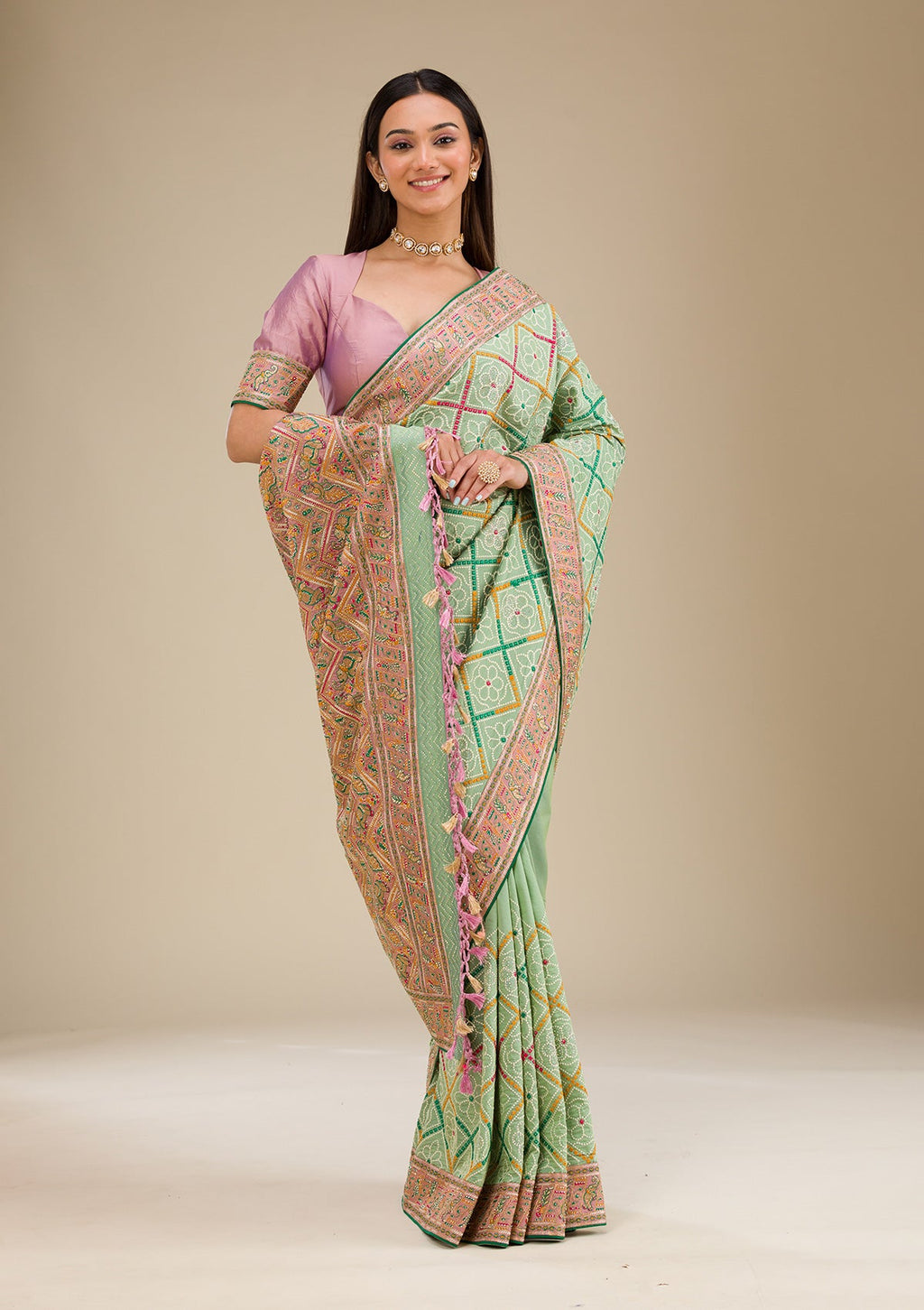 Pista Green Stonework (Gold) Tissue Saree