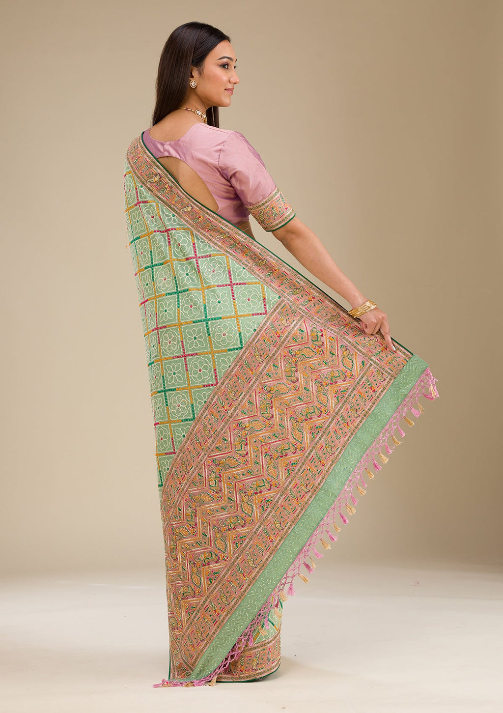 Pista Green Stonework (Gold) Tissue Saree