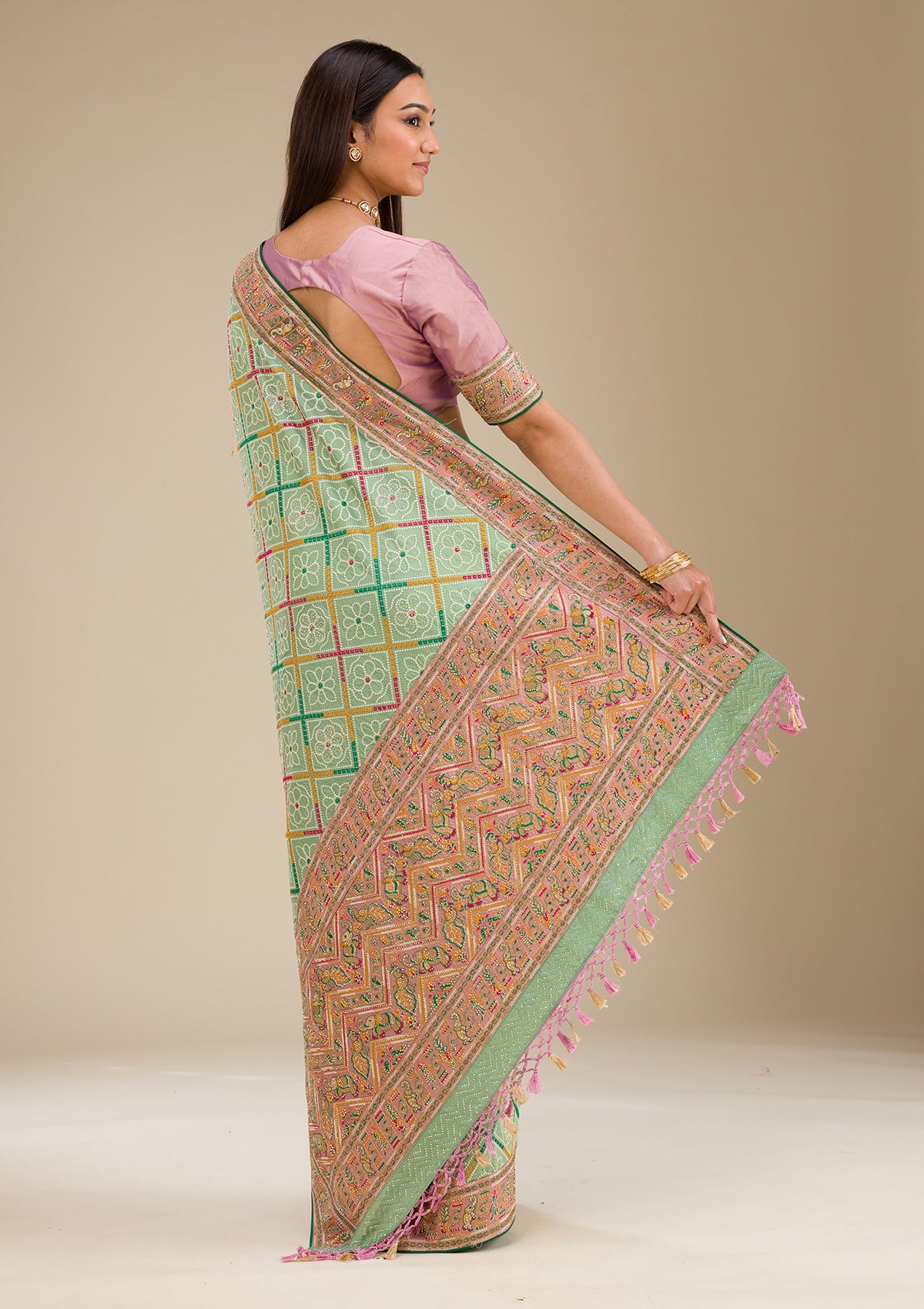 Pista Green Stonework (Gold) Tissue Saree
