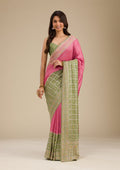 Pista Green Threadwork Soft Silk Saree