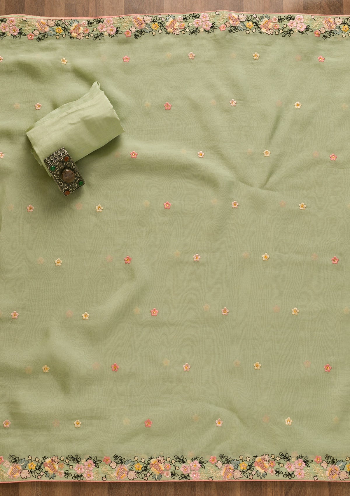 Pista Green Threadwork Tissue Unstitched Salwar Suit