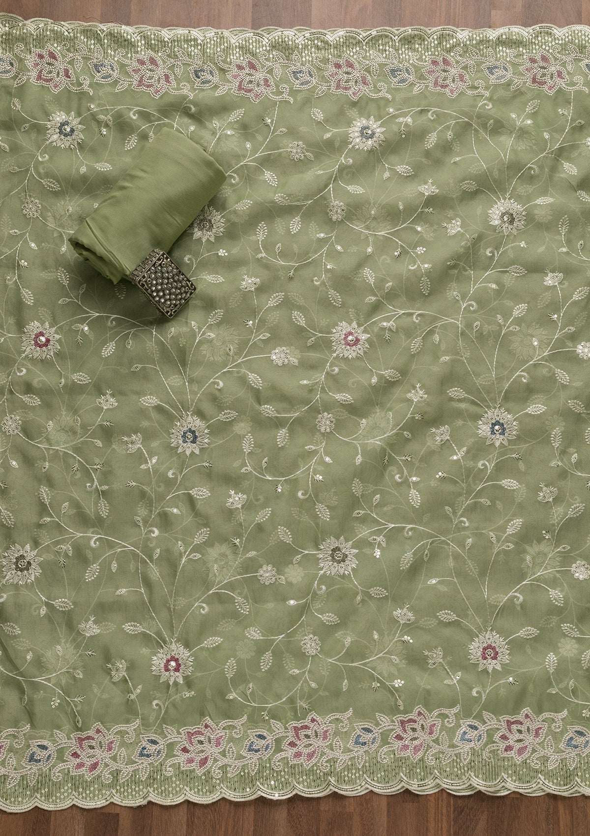 Pista Green Threadwork Tissue Unstitched Salwar Suit