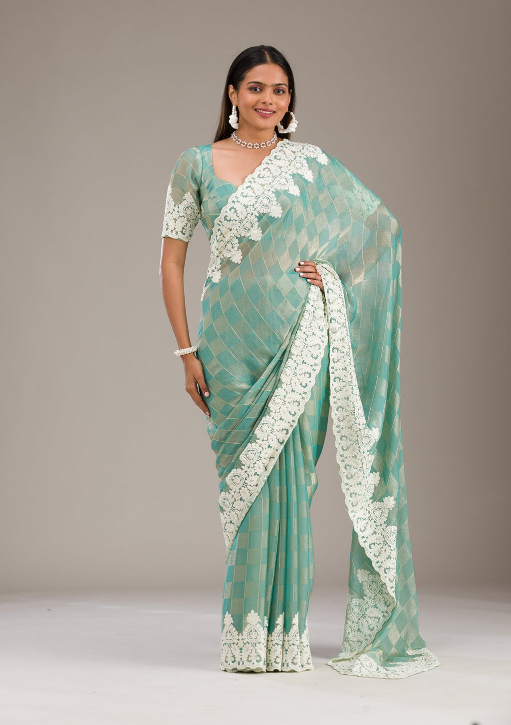 Pista Green Threadwork Tissue Saree