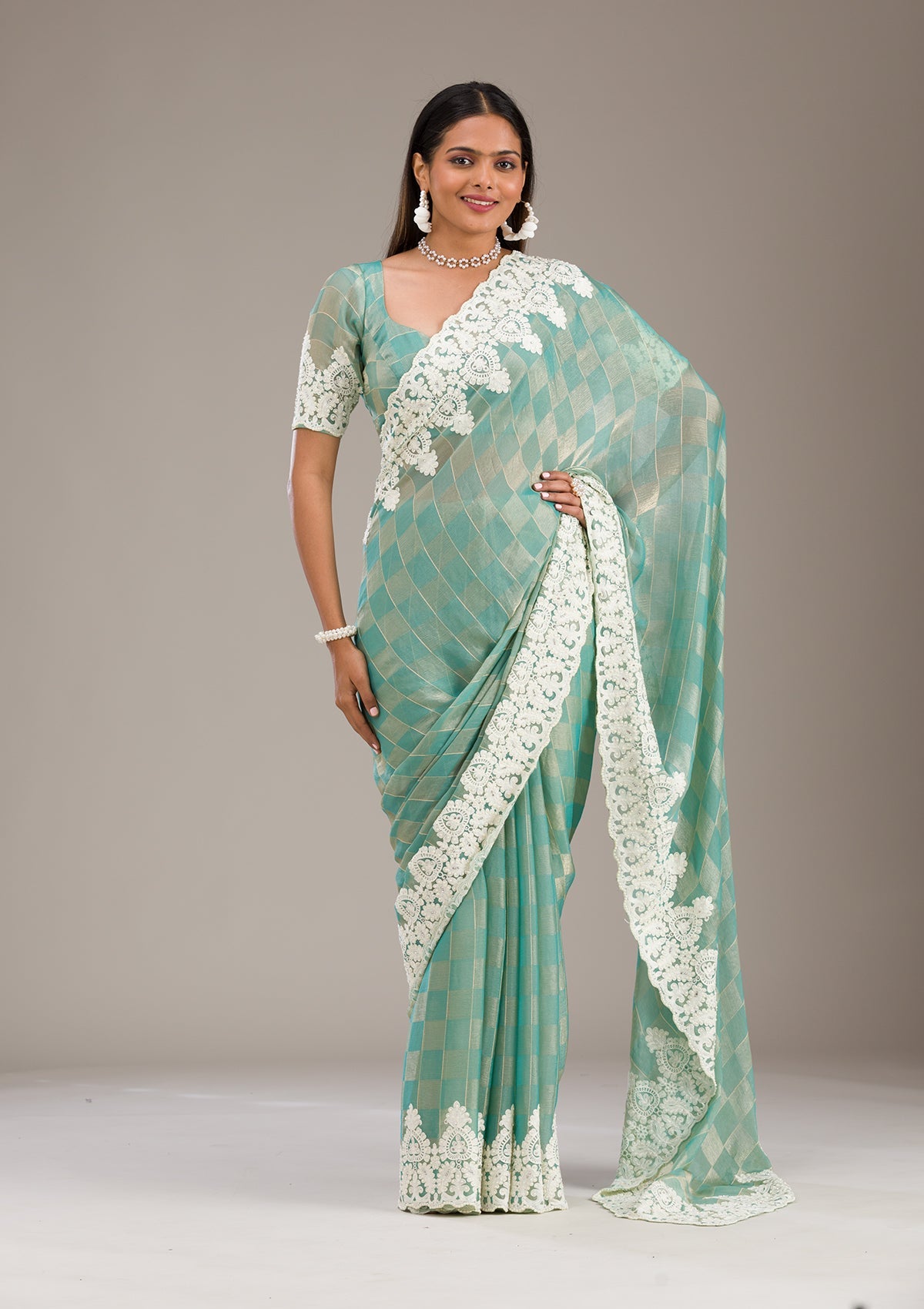 Pista Green Threadwork Tissue Saree