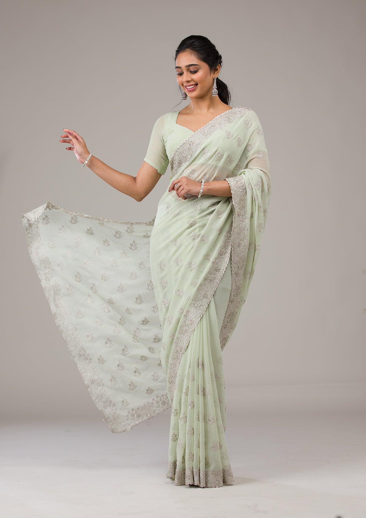 Pista Green Zariwork (Silver) Georgette Saree