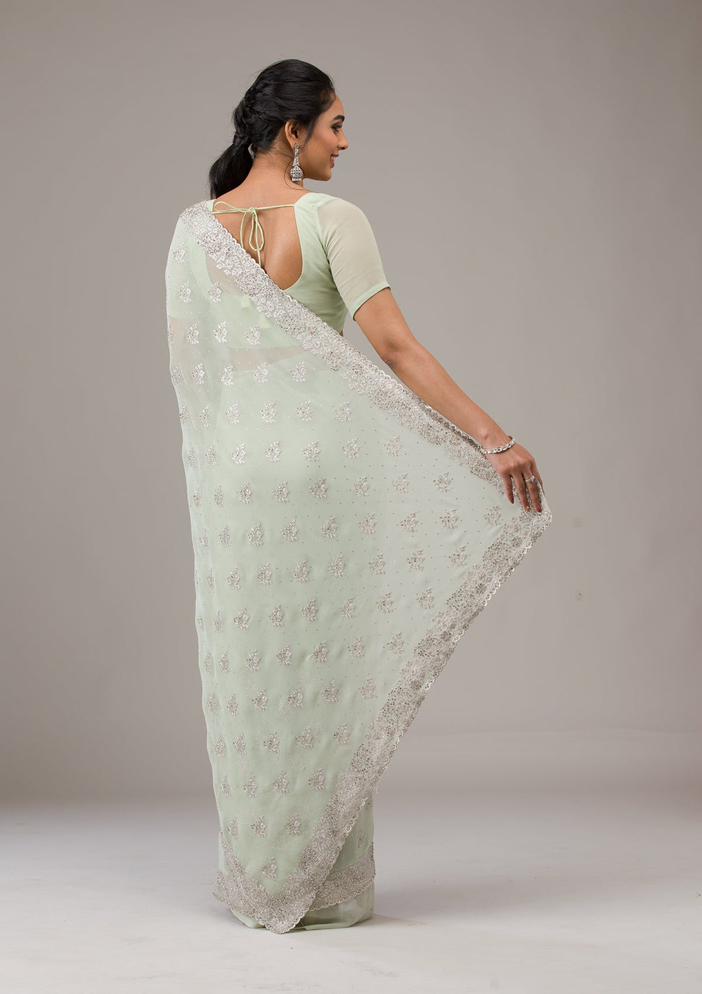 Pista Green Zariwork (Silver) Georgette Saree