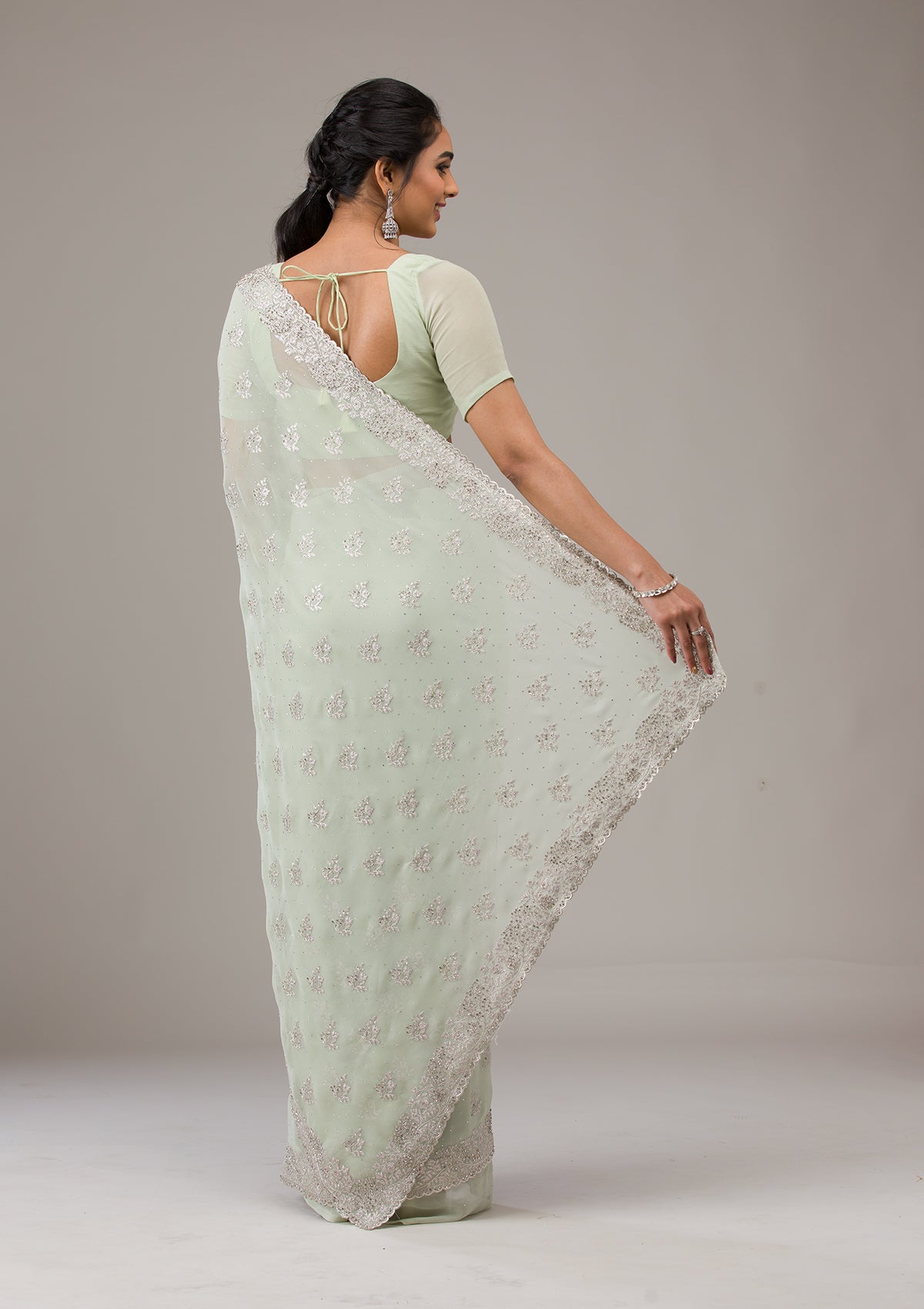 Pista Green Zariwork (Silver) Georgette Saree
