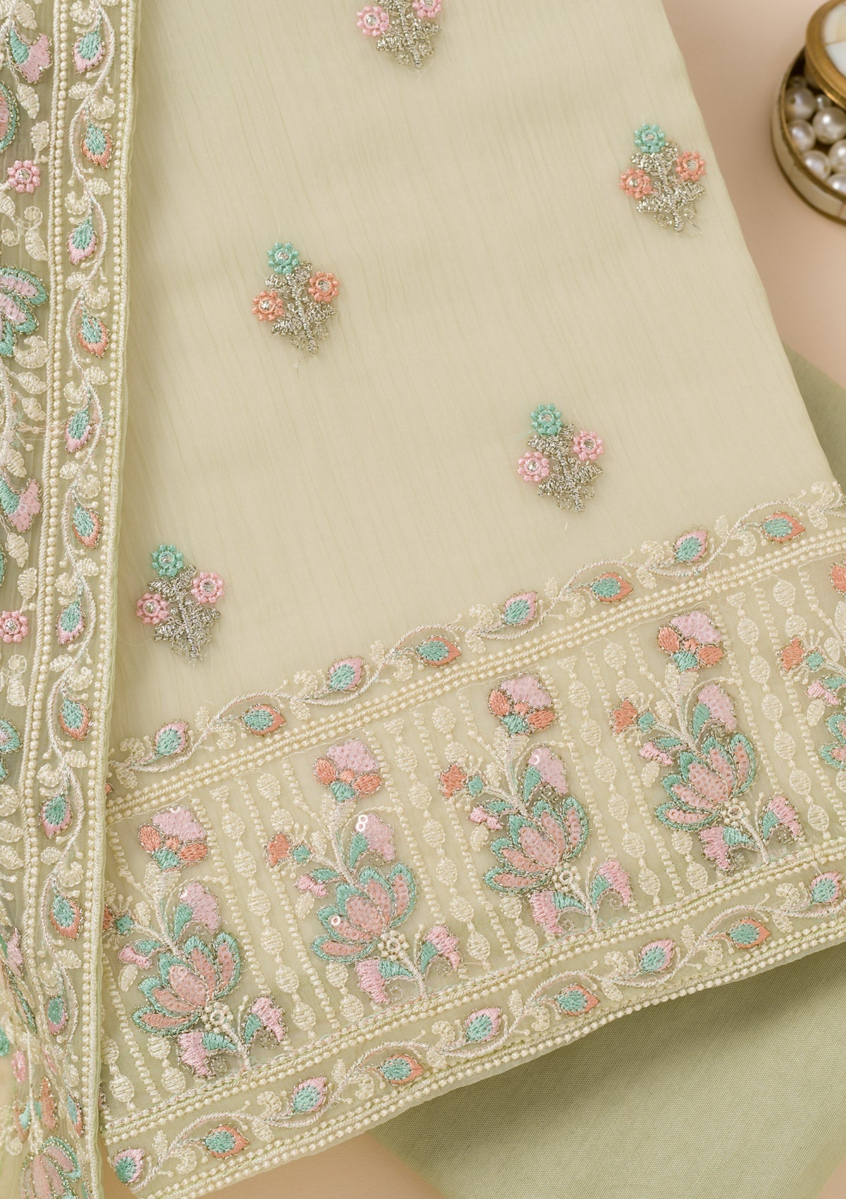 Pista Green Zariwork Organza Unstitched Salwar Suit