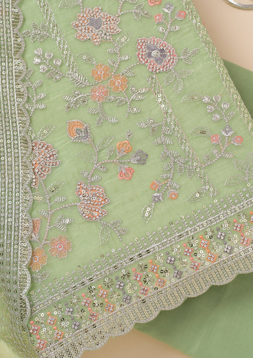 Pista Green Zariwork Organza Unstitched Salwar Suit